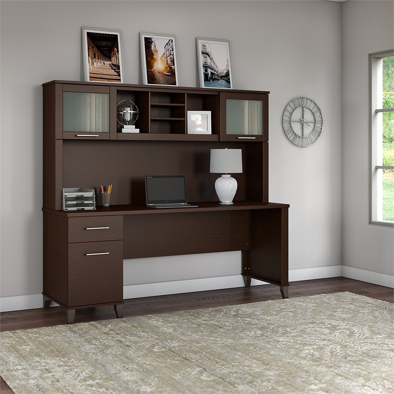 Pemberly Row 72W Wood Office Desk with Hutch in Mocha Cherry