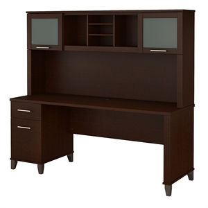 Pemberly Row 72W Wood Office Desk with Hutch in Mocha Cherry