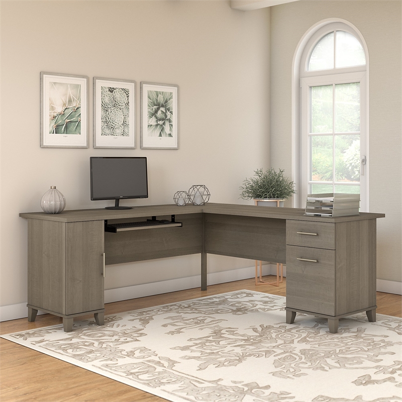 Pemberly Row 72W L Shaped Desk in Ash Gray - Engineered Wood