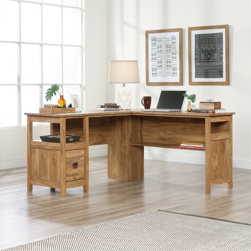 Pemberly Row Engineered Wood L-Shaped Desk in Sindoori Mango/Natural