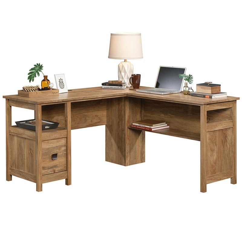 Pemberly Row Engineered Wood L-Shaped Desk in Sindoori Mango/Natural