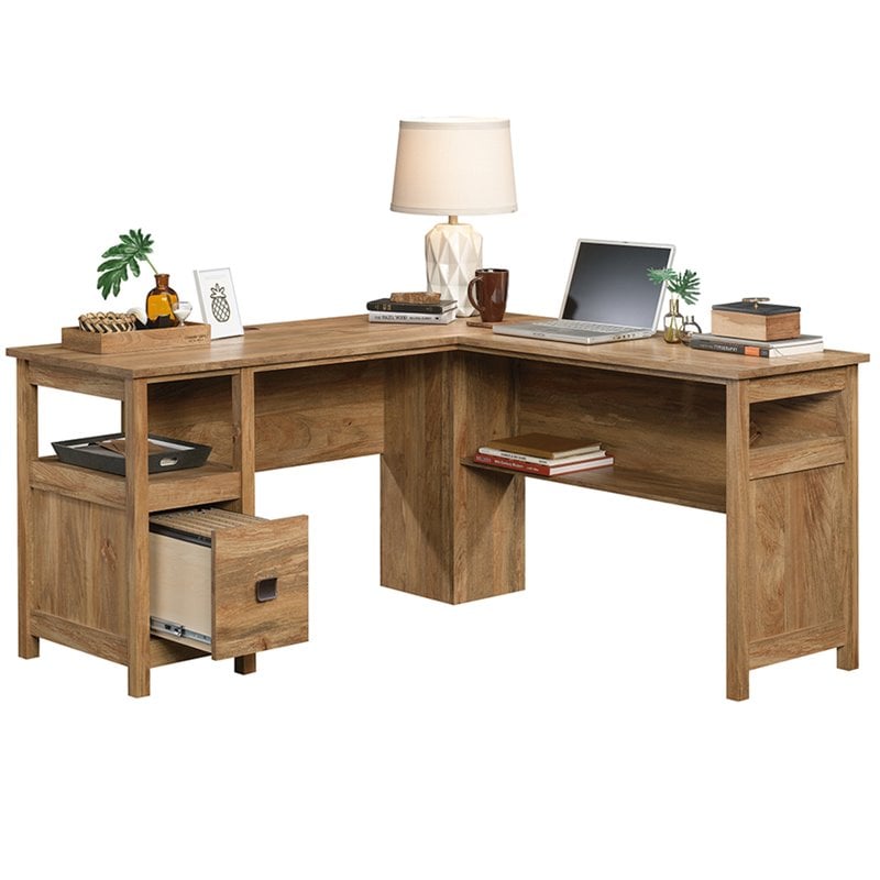 Pemberly Row Engineered Wood L-Shaped Desk in Sindoori Mango/Natural