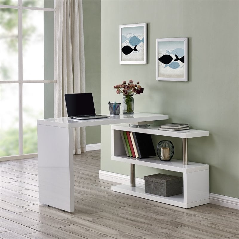 Pemberly Row Adjustable Corner Writing Desk in White and Chrome