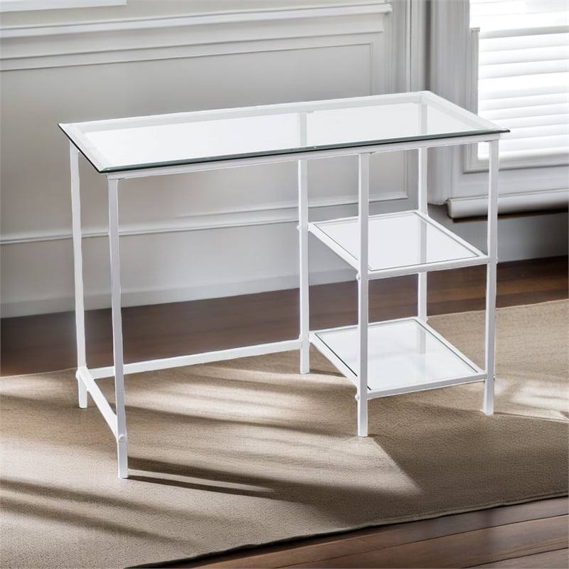 Pemberly Row Contemporary Glass Top Metal Student Desk in White