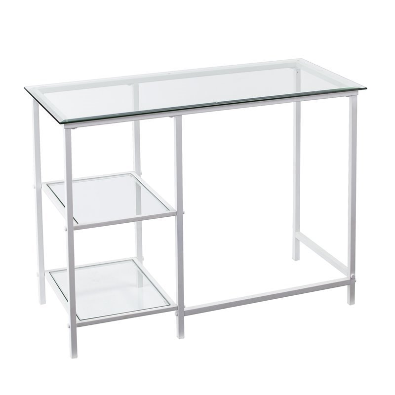 Pemberly Row Contemporary Glass Top Metal Student Desk in White