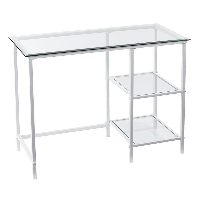 Pemberly Row Contemporary Glass Top Metal Student Desk in White