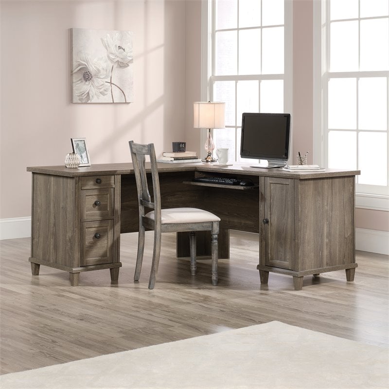 Pemberly Row L-shaped Contemporary Engineered Wood Computer Desk in Emery Oak