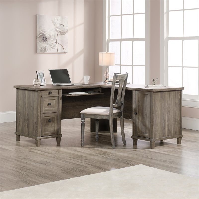 Pemberly Row L-shaped Contemporary Engineered Wood Computer Desk in Emery Oak