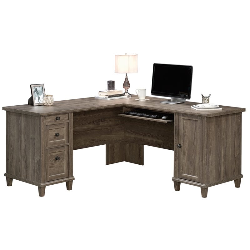 Pemberly Row L-shaped Contemporary Engineered Wood Computer Desk in Emery Oak