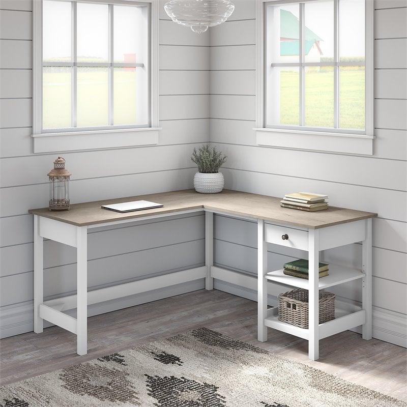 Pemberly Row Modern L Shaped Computer Desk in Shiplap Gray / White