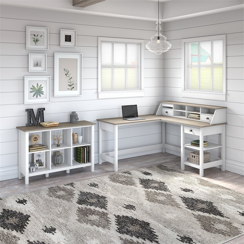 Pemberly Row 60W L Shaped Desk with Organizer and 6 Cube Bookcase