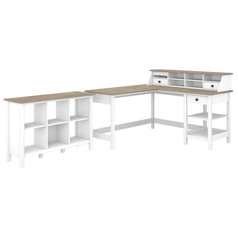 Pemberly Row 60W L Shaped Desk with Organizer and 6 Cube Bookcase
