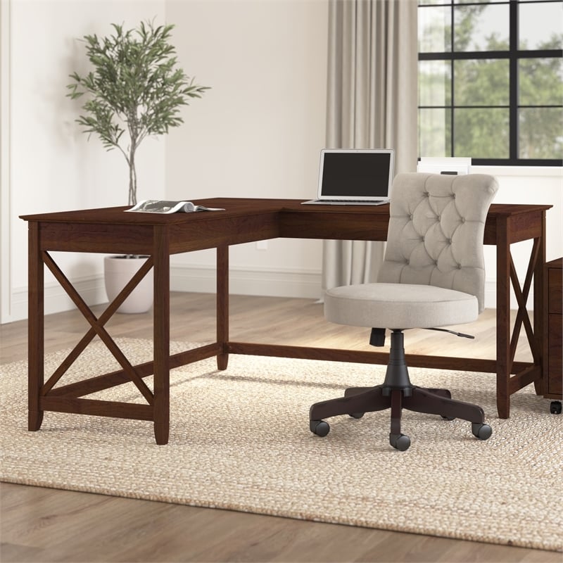 Pemberly Row L Shaped Contemporary Engineered Wood Desk in Cherry