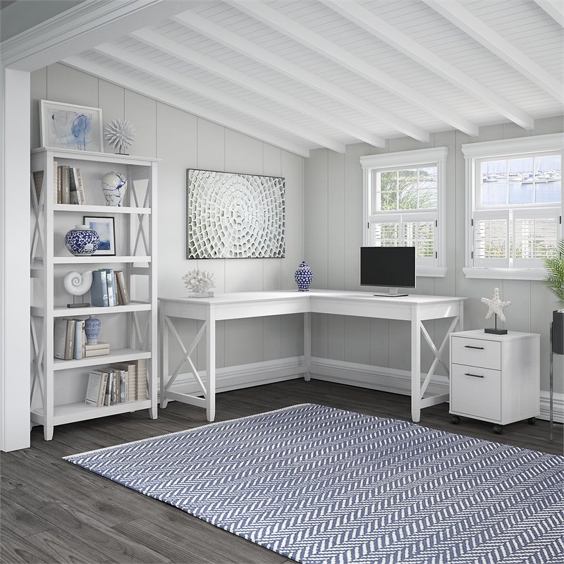 Pemberly Row 60W L Shaped Desk with Mobile File Cabinet and Bookcase