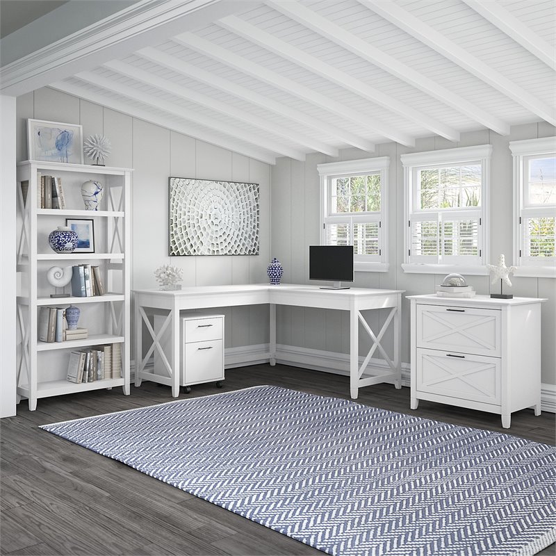 Pemberly Row 60W L Shaped Desk with File Cabinets and Bookcase