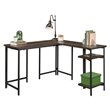 Pemberly Row Mid-Century Wood and Metal L-Shape Desk in Smoked Oak