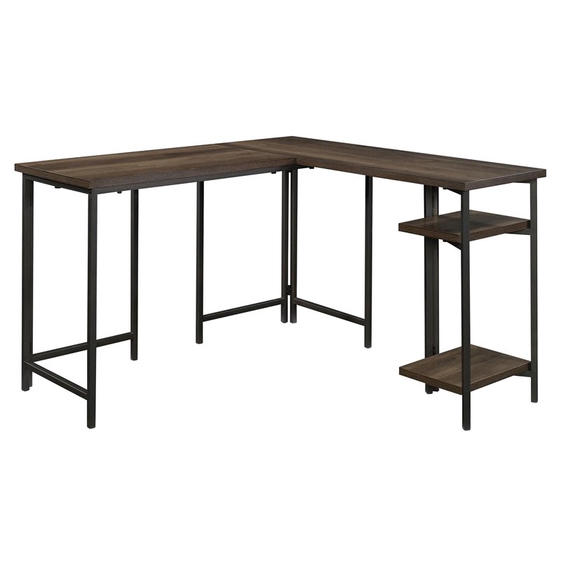 Pemberly Row Mid-Century Wood and Metal L-Shape Desk in Smoked Oak