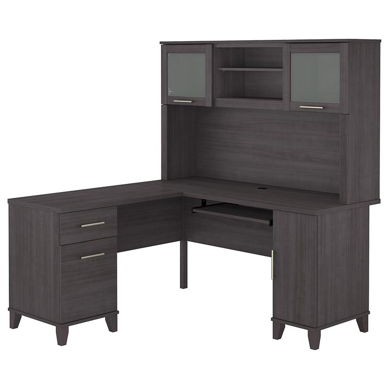 Pemberly Row 60W L Shaped Desk with Hutch in Storm Gray - Engineered Wood
