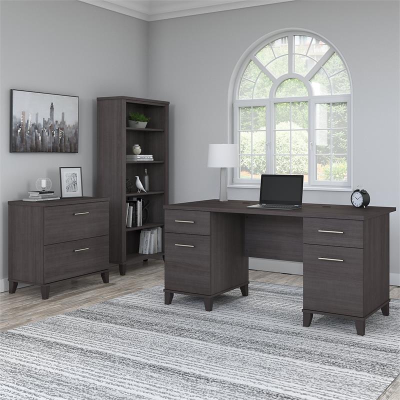 Pemberly Row Engineered Wood 60W Desk w/ File Cabinet & Bookcase in Storm Gray