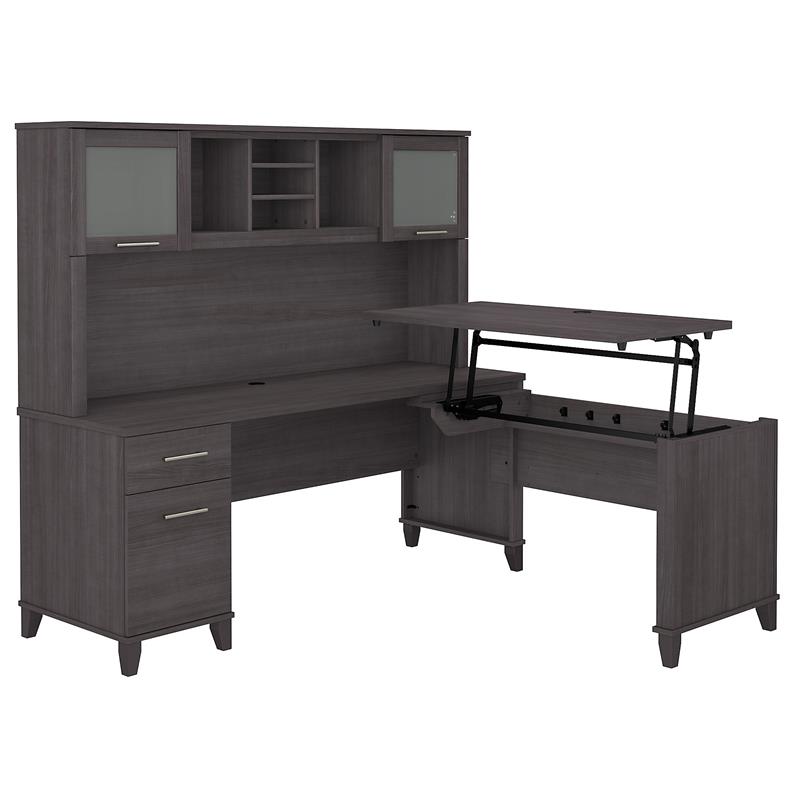 Pemberly Row 72W Sit to Stand L Desk with Hutch in Storm Gray - Engineered Wood
