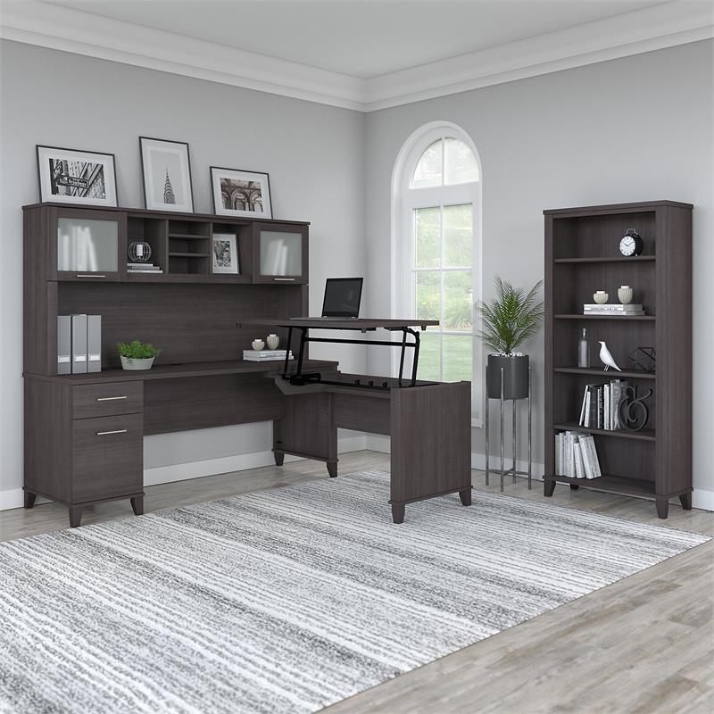 Pemberly Row Sit to St& L Desk Set with Bookcase in Storm Gray - Engineered Wood