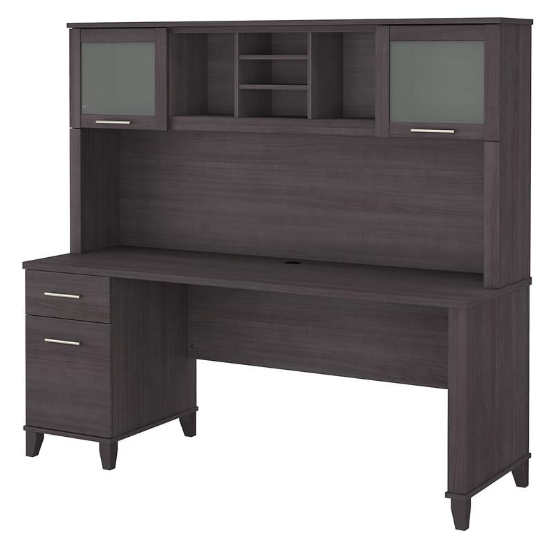 Pemberly Row 72W Office Desk w/ Drawers & Hutch in Storm Gray - Engineered Wood