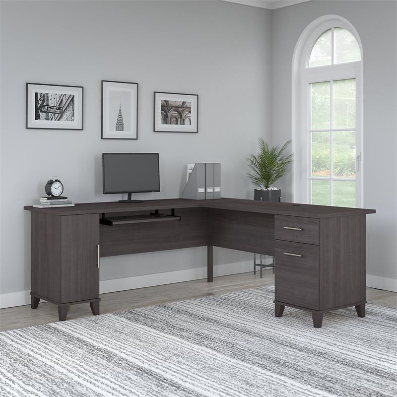 Pemberly Row Contemporary 72W L Shaped Desk with Storage in Storm Gray
