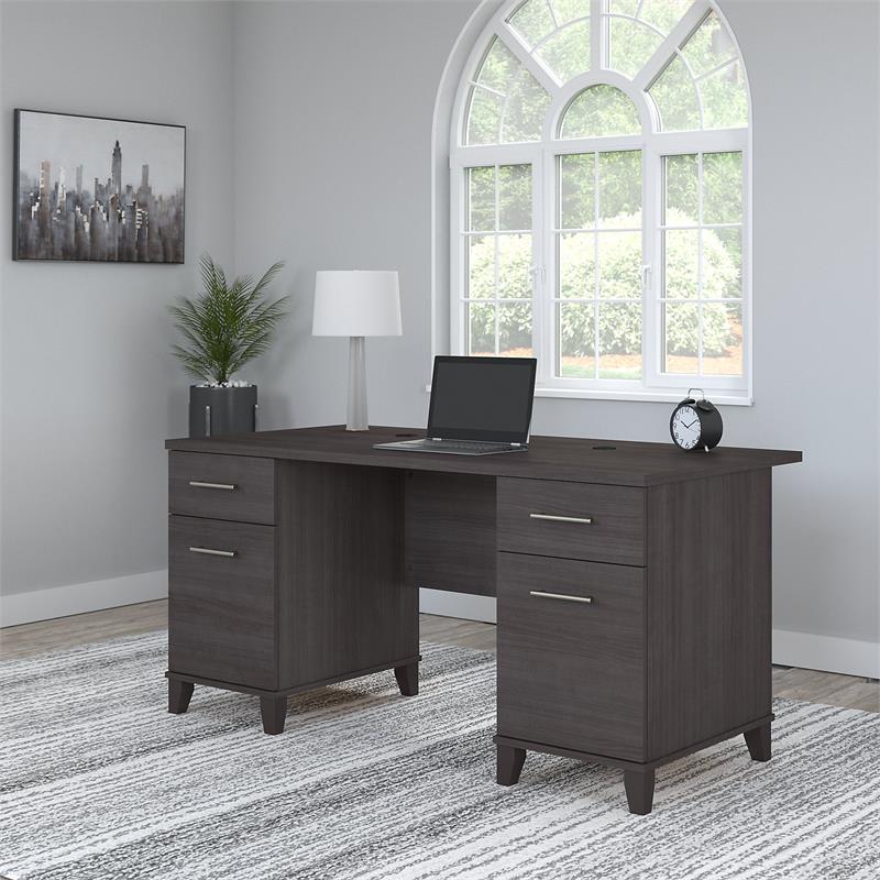 Pemberly Row Contemporary 60W Office Desk with Drawers in Storm Gray
