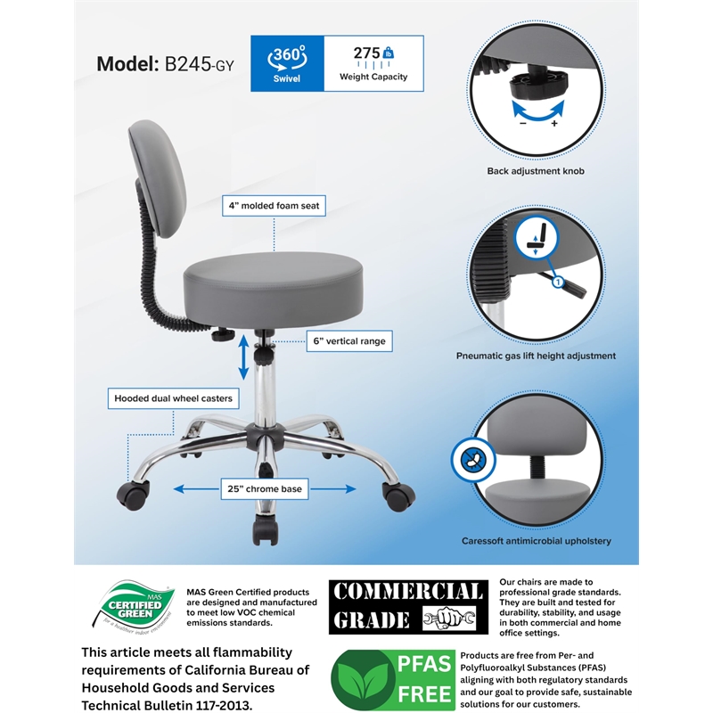 Pemberly Row Contemporary Medical Lab Rolling Stool with Back