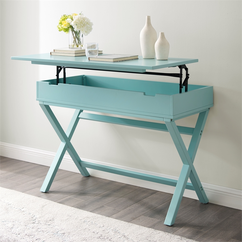 Pemberly Row Contemporary Lift Top Stand Up Wood Desk in Turquoise Blue