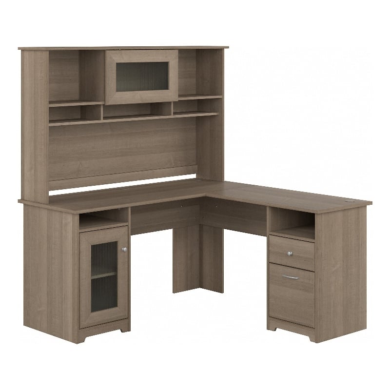 Pemberly Row 60W L Shaped Computer Desk with Hutch in Ash Gray - Engineered Wood