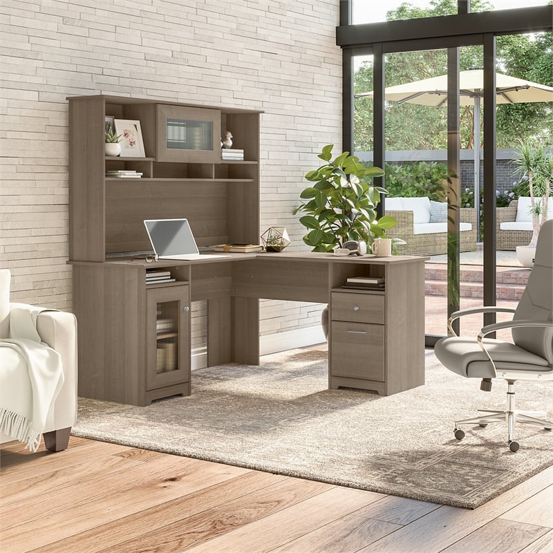 Pemberly Row 60W L Shaped Computer Desk with Hutch in Ash Gray - Engineered Wood