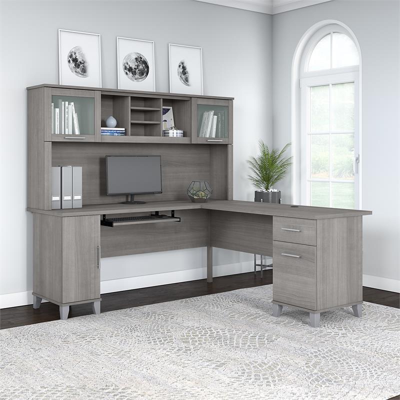 Pemberly Row 72W L Shaped Desk with Hutch in Platinum Gray - Engineered Wood