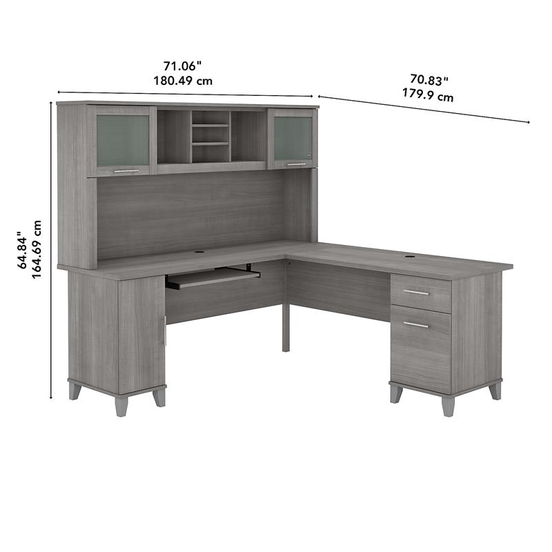 Pemberly Row 72W L Shaped Desk with Hutch in Platinum Gray - Engineered Wood