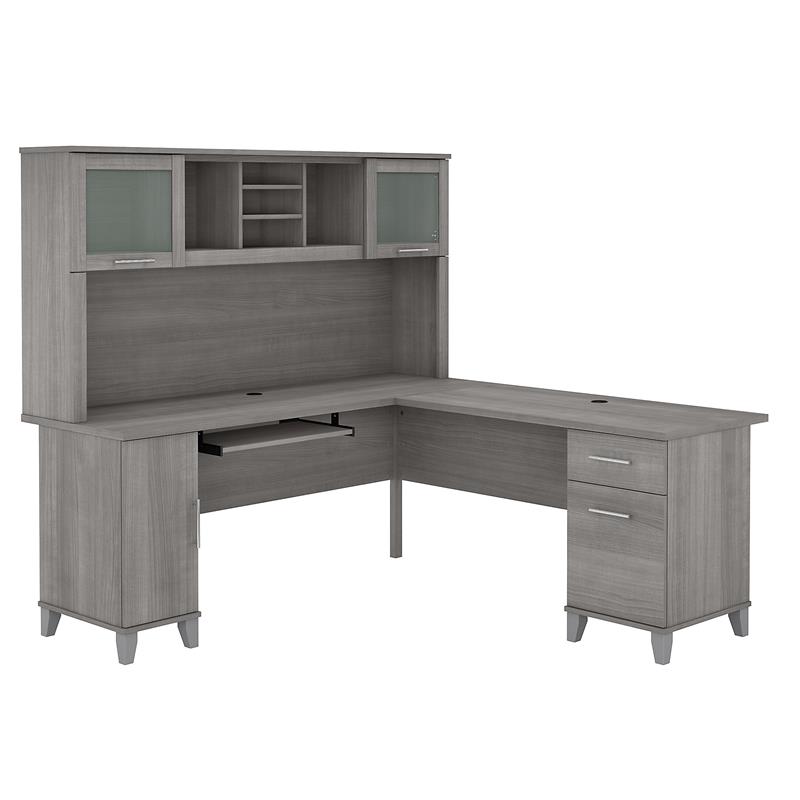 Pemberly Row 72W L Shaped Desk with Hutch in Platinum Gray - Engineered Wood