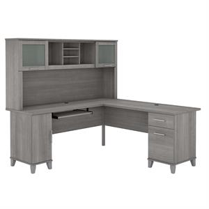 Pemberly Row 72W L Shaped Desk with Hutch in Platinum Gray - Engineered Wood