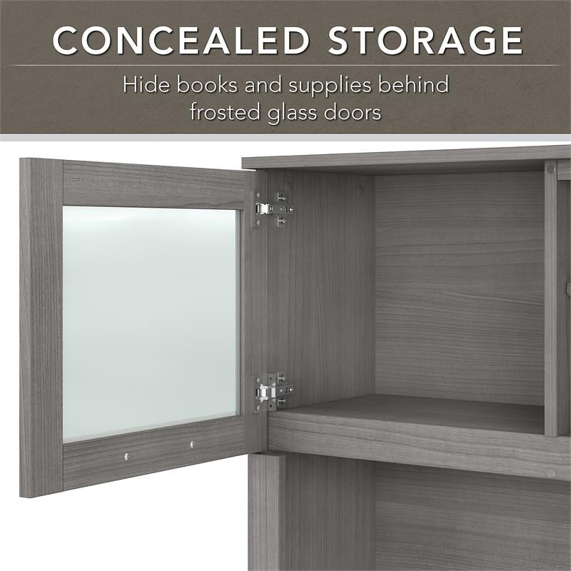 Pemberly Row 60W L Shaped Desk with Hutch and Bookcase in Gray - Engineered Wood