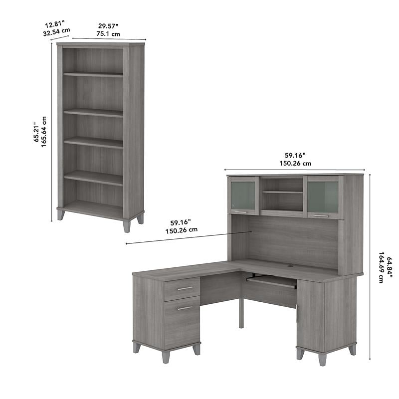Pemberly Row 60W L Shaped Desk with Hutch and Bookcase in Gray - Engineered Wood