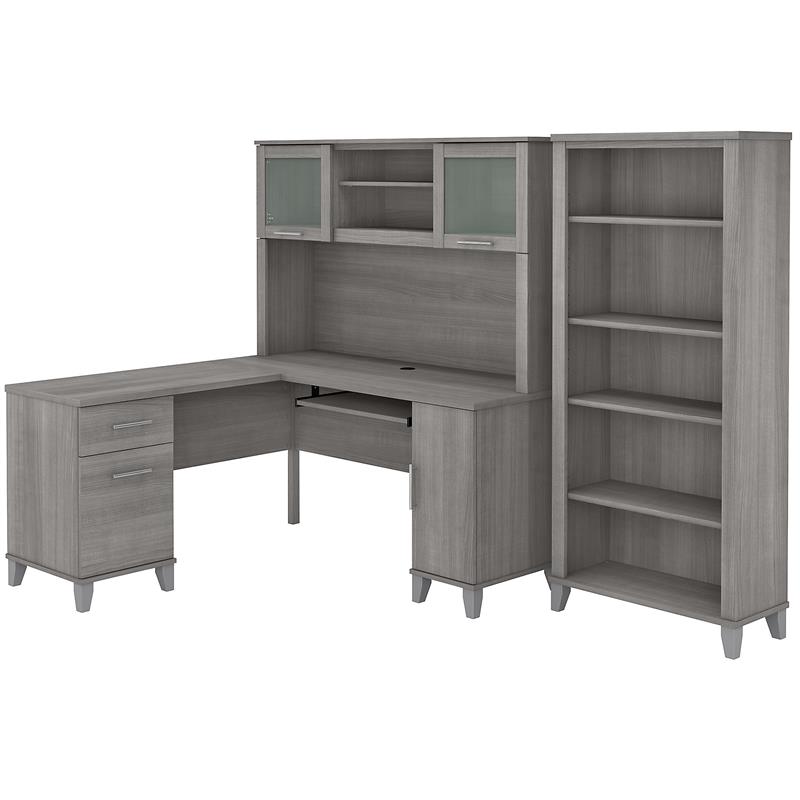 Pemberly Row 60W L Shaped Desk with Hutch and Bookcase in Gray - Engineered Wood