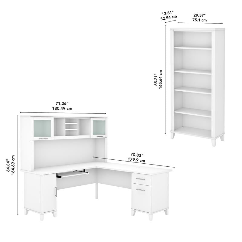 Pemberly Row 72W L Shaped Desk with Hutch & Bookcase in White - Engineered Wood