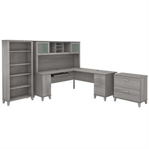 Pemberly Row 72W L Shaped Desk Set w/ Hutch & Storage in Gray - Engineered Wood