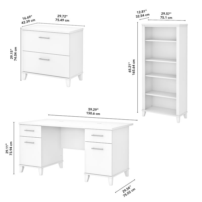 Pemberly Row Engineered Wood 60W Office Desk w/ File Cabinet & Bookcase in White