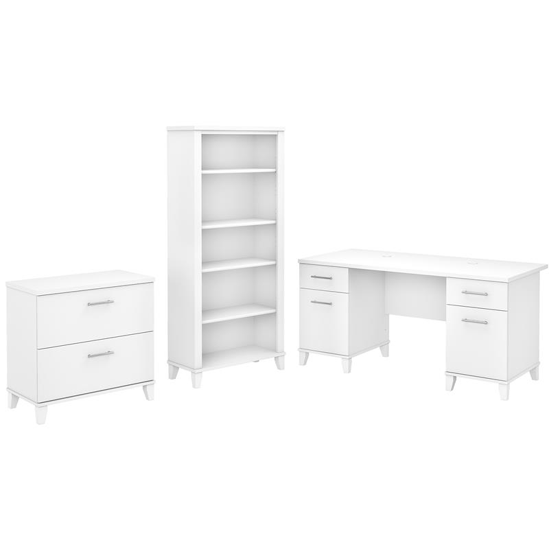 Pemberly Row Engineered Wood 60W Office Desk w/ File Cabinet & Bookcase in White