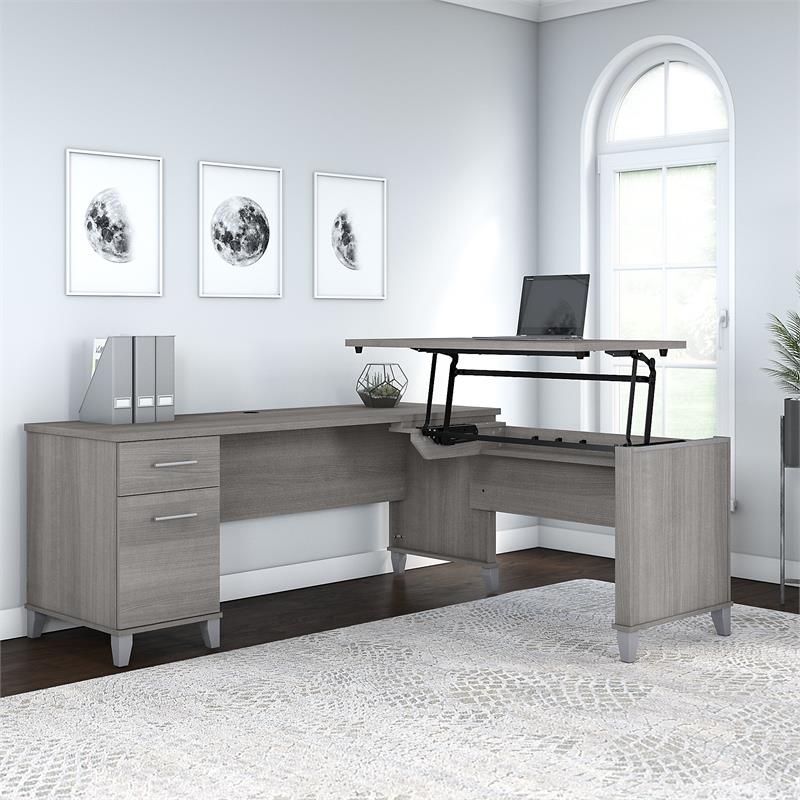 Pemberly Row 72W Sit to Stand L Shaped Desk in Platinum Gray - Engineered Wood