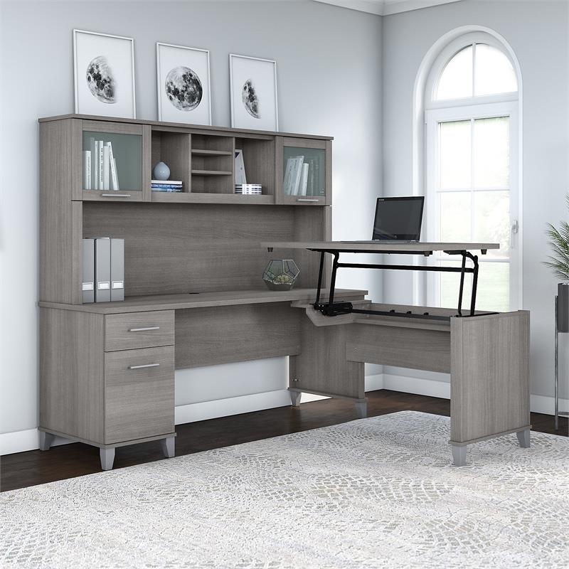 Pemberly Row 72W Sit to St& L Desk with Hutch in Platinum Gray - Engineered Wood