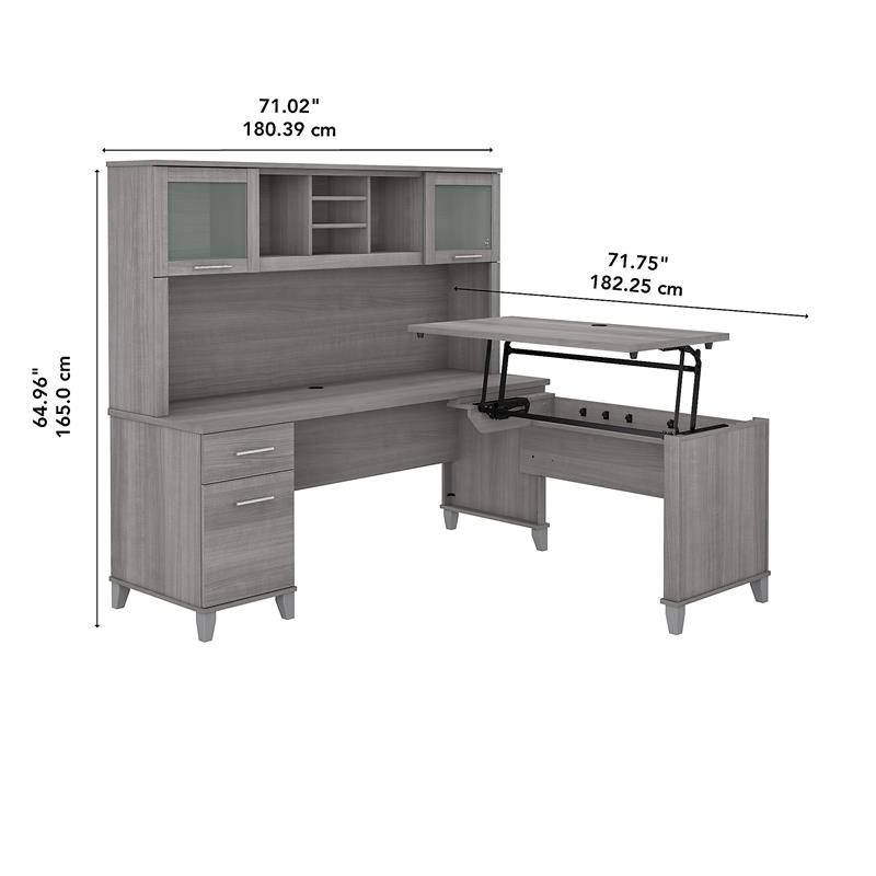 Pemberly Row 72W Sit to St& L Desk with Hutch in Platinum Gray - Engineered Wood