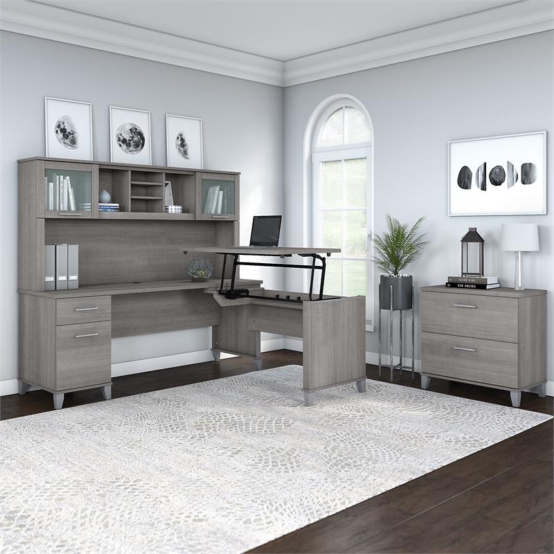 Pemberly Row Sit-St& L Desk with Hutch & File Cabinet in Gray - Engineered Wood
