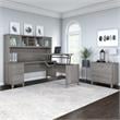 Pemberly Row Sit-St& L Desk with Hutch & File Cabinet in Gray - Engineered Wood