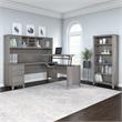 Pemberly Row Sit to St& L Desk with Hutch & Bookcase in Gray - Engineered Wood