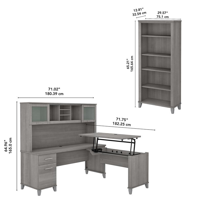 Pemberly Row Sit to St& L Desk with Hutch & Bookcase in Gray - Engineered Wood